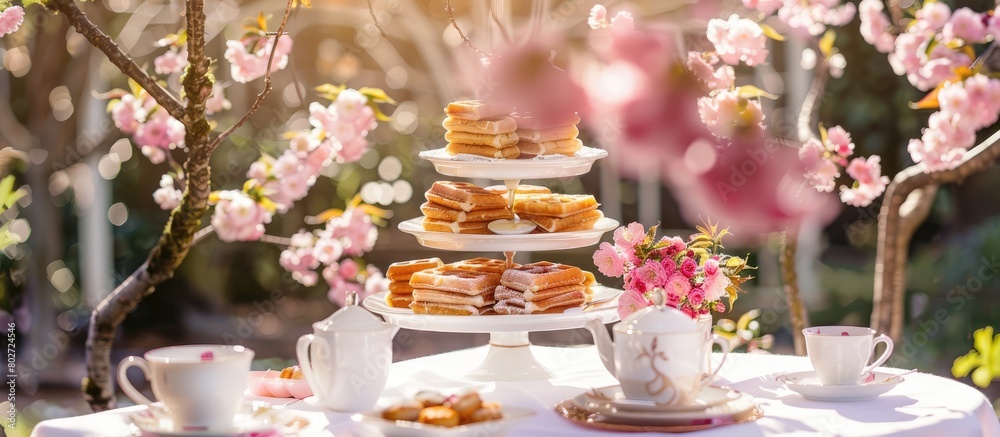 Naklejka premium An outdoor brunch featuring waffles and tea is set up on a white tablecloth in a sunlit spring garden surrounded by cherry blossoms.