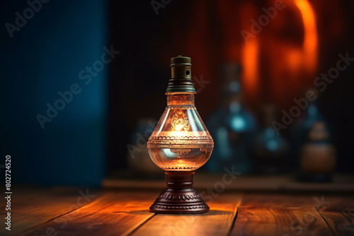 An antique lamp on a wooden table casts a warm glow over a worn