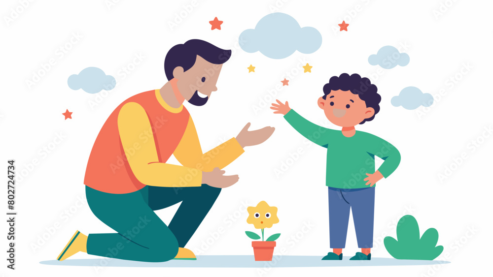 A parent using positive reinforcement and praise to encourage their neurodivergent child to try a new activity.. Vector illustration