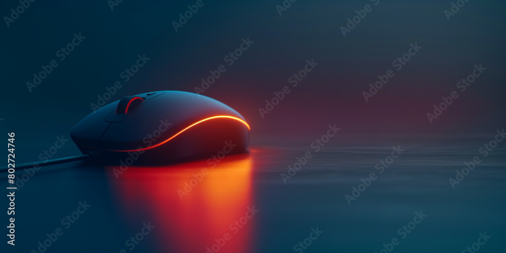 computer mouse, A minimalist composition highlighting a single, illuminated computer mouse against a dark backdrop, with subtle reflections and shadows adding depth and dimension to the image