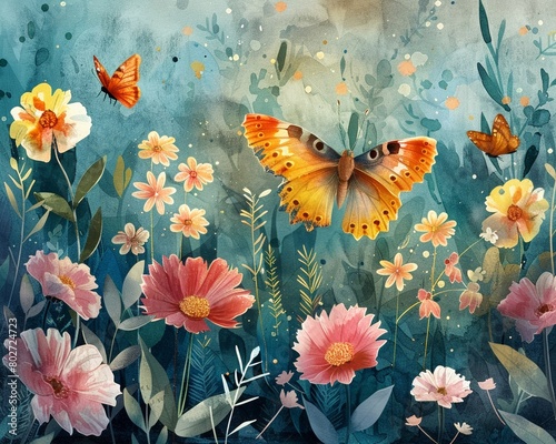 A watercolor scene of a colorful butterfly garden, with various flowers and soft, nature elements in the background