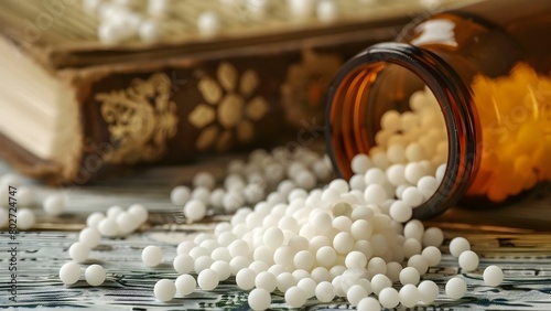 Homeopathic pills spilled from bottle with repertory book in the background: A holistic approach to healing. Concept Homeopathy, Natural Healing, Homeopathic Medicine, Holistic Health