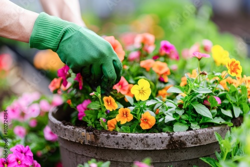 Gardener Planting Brightly Colored Flowers in a Vibrant Garden During Springtime