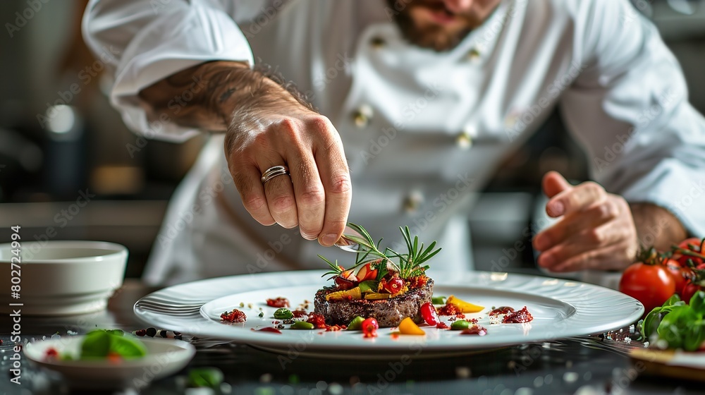 A master chef carefully organizing each component with care and precision as they delicately garnish a beautiful plate of food with colorful herbs and edible flowers and space for text, Generative AI.