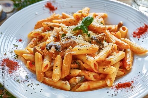 Creamy Pasta Topped With Mushrooms and Parsley Served on a Wooden Table