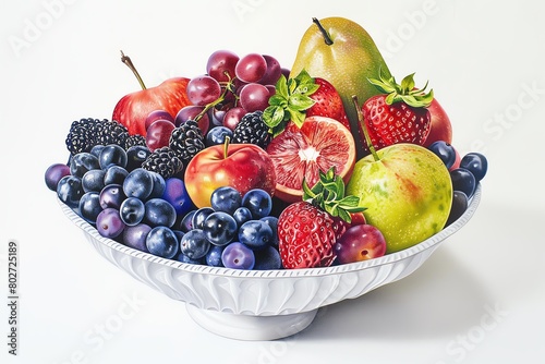 Produce a captivating wide-angle illustration of a vibrant fruit bowl on a crisp  pristine white background  showcasing each fruits intricate details and textures