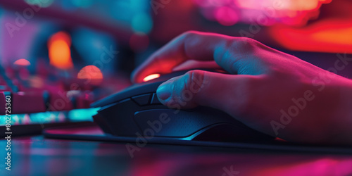 A action-packed image capturing a hand gripping a high-tech gaming mouse, fingers poised above the buttons, illuminated by the vibrant glow of a computer monitor in the backgroundt photo