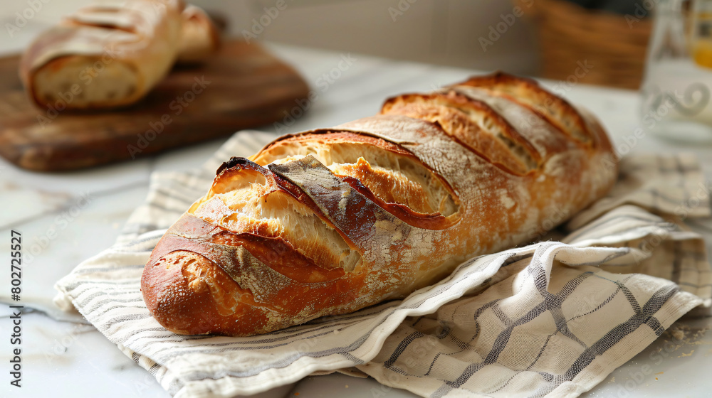 Loaf of sourdough bread on napkin