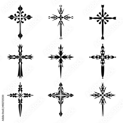Christian cross vector icon symbols.  Abstract christian religious belief or faith art illustration for orthodox or catholic design. The symbol of the cross in various designs used in tattoo.