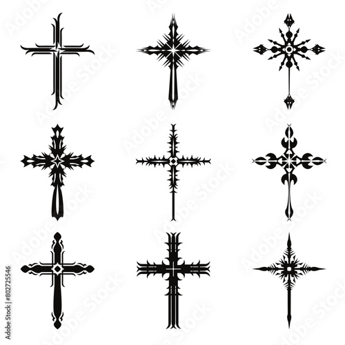 Christian cross vector icon symbols.  Abstract christian religious belief or faith art illustration for orthodox or catholic design. The symbol of the cross in various designs used in tattoo.