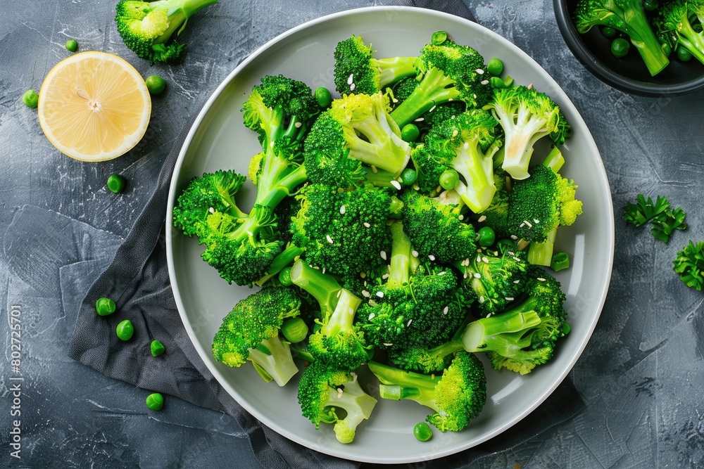 Boiled broccoli with spices in a plate. Black background. Top view. Boiled broccoli with spices in a plate. Black background. Top view.