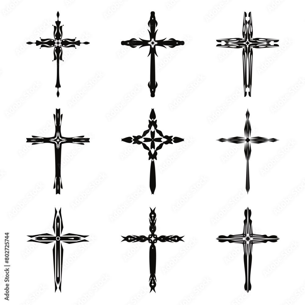 Fototapeta premium Christian cross vector icon symbols. Abstract christian religious belief or faith art illustration for orthodox or catholic design. The symbol of the cross in various designs used in tattoo.