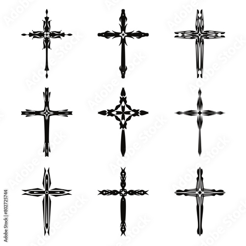 Christian cross vector icon symbols. Abstract christian religious belief or faith art illustration for orthodox or catholic design. The symbol of the cross in various designs used in tattoo.