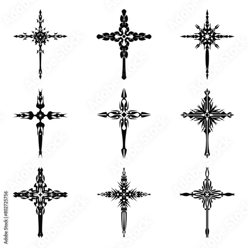 Christian cross vector icon symbols.  Abstract christian religious belief or faith art illustration for orthodox or catholic design. The symbol of the cross in various designs used in tattoo.