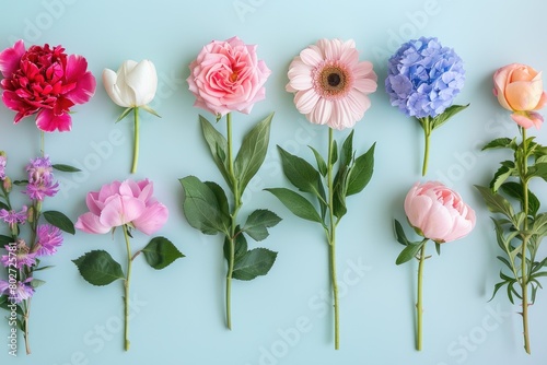 A variety of flowers. A collection of different types of flowers displayed against background.