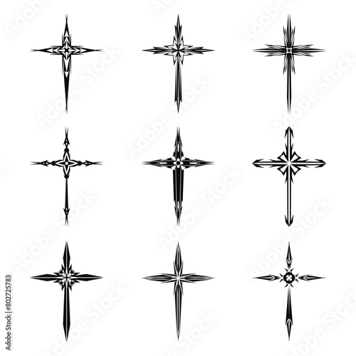 Christian cross vector icon symbols.  Abstract christian religious belief or faith art illustration for orthodox or catholic design. The symbol of the cross in various designs used in tattoo.