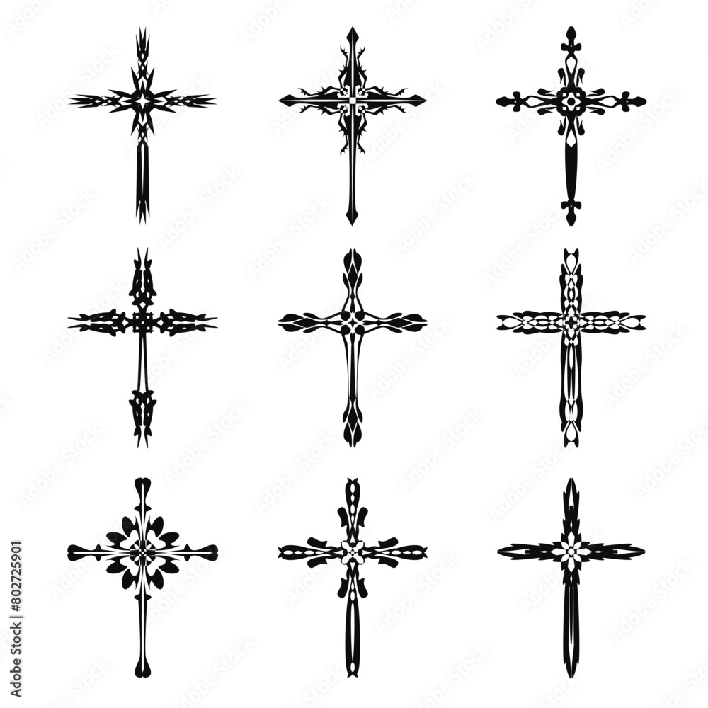 Fototapeta premium Christian cross vector icon symbols. Abstract christian religious belief or faith art illustration for orthodox or catholic design. The symbol of the cross in various designs used in tattoo.
