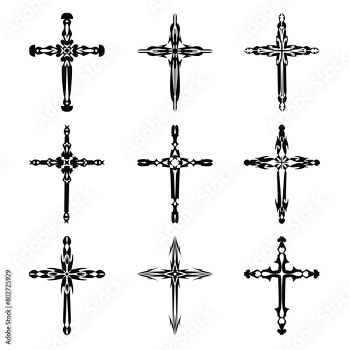 Christian cross vector icon symbols.  Abstract christian religious belief or faith art illustration for orthodox or catholic design. The symbol of the cross in various designs used in tattoo.