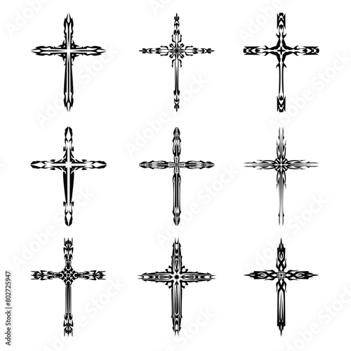 Christian cross vector icon symbols.  Abstract christian religious belief or faith art illustration for orthodox or catholic design. The symbol of the cross in various designs used in tattoo.