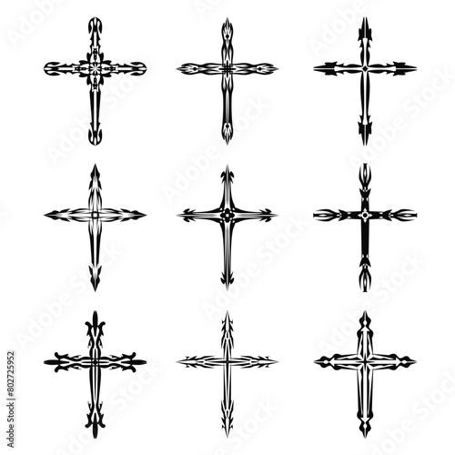 Christian cross vector icon symbols.  Abstract christian religious belief or faith art illustration for orthodox or catholic design. The symbol of the cross in various designs used in tattoo.