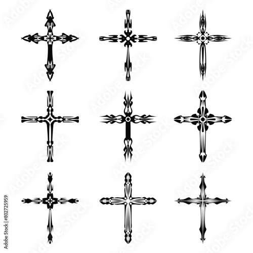 Christian cross vector icon symbols.  Abstract christian religious belief or faith art illustration for orthodox or catholic design. The symbol of the cross in various designs used in tattoo.