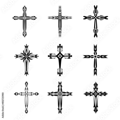 Christian cross vector icon symbols.  Abstract christian religious belief or faith art illustration for orthodox or catholic design. The symbol of the cross in various designs used in tattoo.