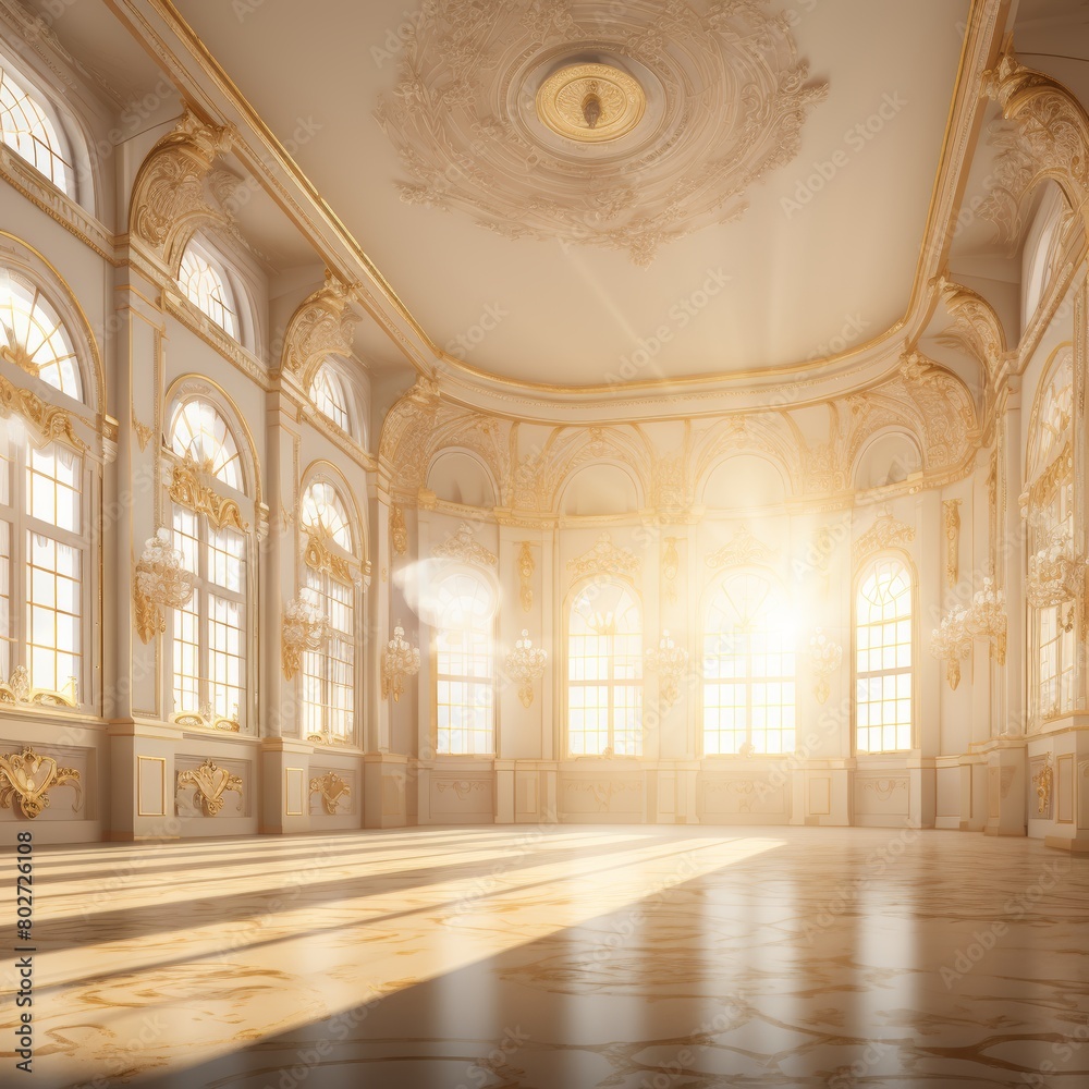 Interior of an old palace with large windows. 3D rendering