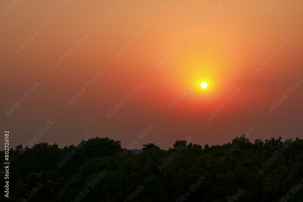 Sunset over the forest in the evening. Beautiful nature background.