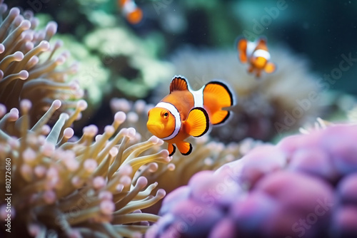 Colorful clownfish swimming among coral reefs and sea anemones in a vibrant underwater scene