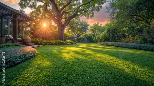 Lush suburban backyard with vibrant green lawn at sunset. AI Generative.