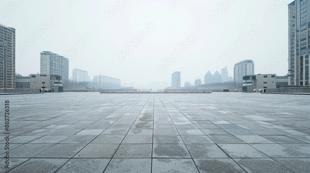 Expansive white asphalt square set against a city backdrop under a clear sky, AI Generative. Expansive white asphalt square set against a city backdrop under a clear sky, AI Generative.