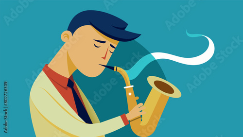 A saxophonist blowing into a secondhand saxophone his eyes closed as he tests out the instruments sound quality.. Vector illustration
