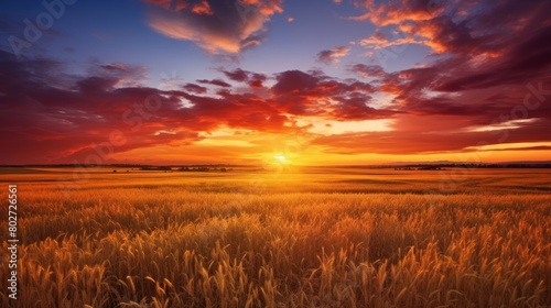 Beautiful sunset over the field with ears of golden wheat. Landscape.