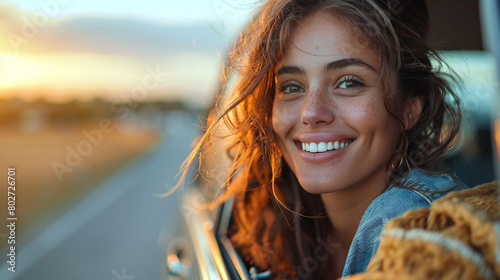 Young woman looks out the open window of a car while driving and laughs brightly