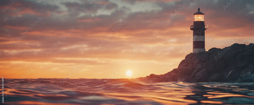 lighthouse in the middle of the sea, sunset colors and little wavy sea
