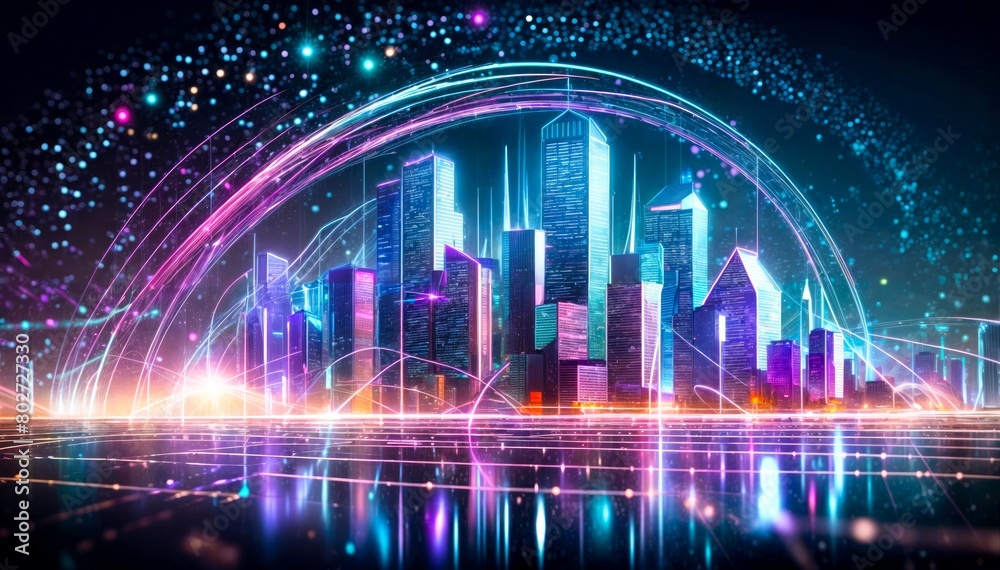 Glowing neon cityscape against dark, abstract background