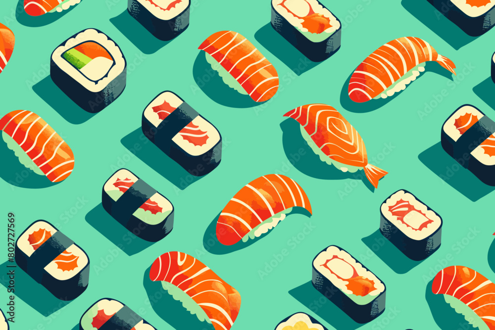 A digital illustration of retro sushi pattern A digital illustration of retro sushi pattern