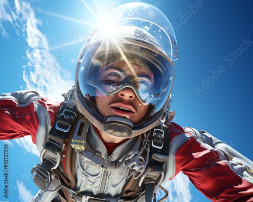 The image shows a skydiver is free falling through the air.