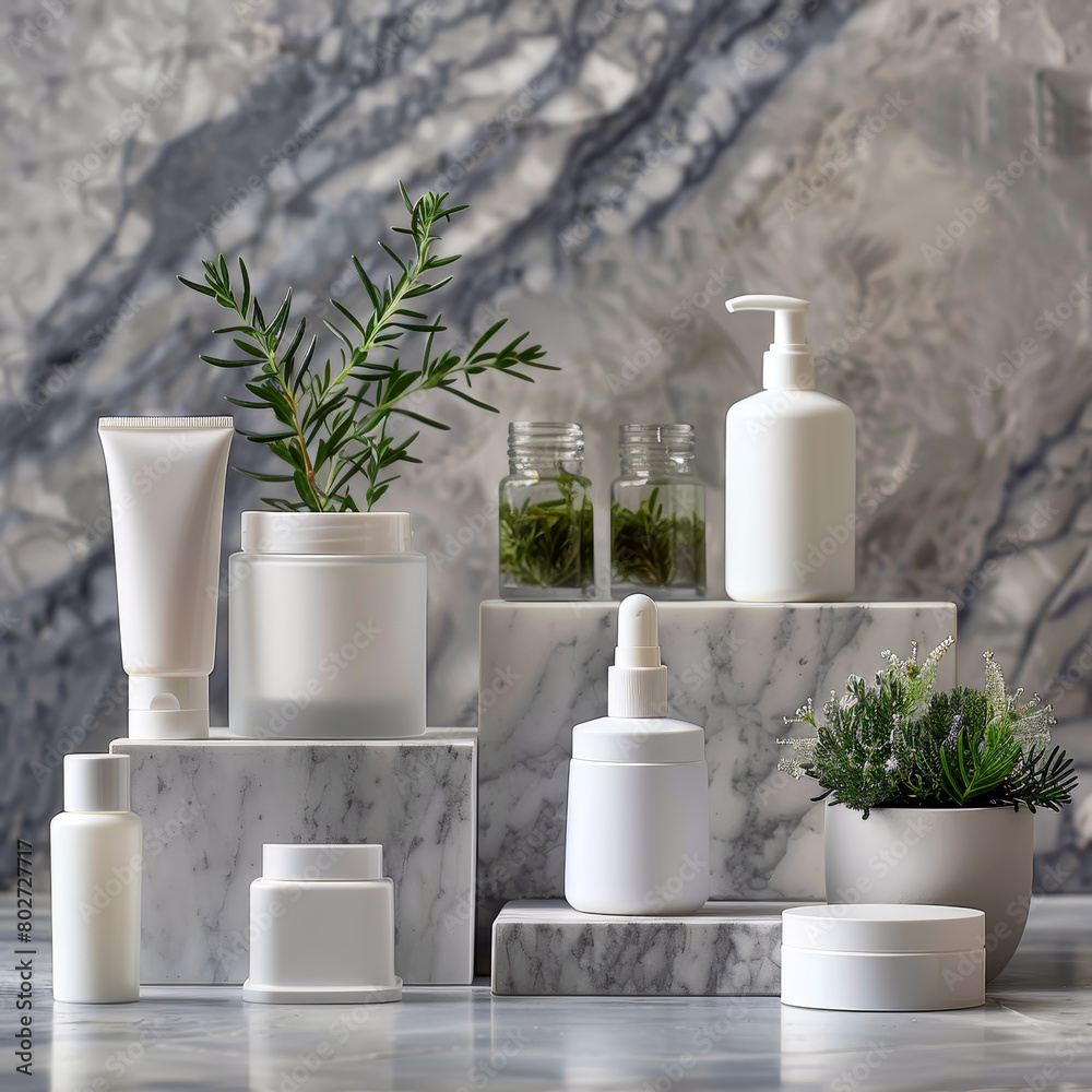 Elegant skincare and wellness products arranged on a marble stand with botanical elements Elegant skincare and wellness products arranged on a marble stand with botanical elements