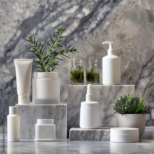 Elegant skincare and wellness products arranged on a marble stand with botanical elements