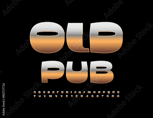 Vector elite sign Old Pub. Unique Gold Font. Trendy Alphabet Letters and Numbers set. 