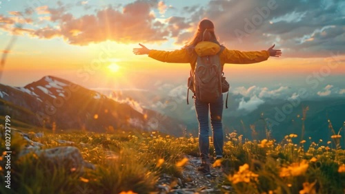 A woman on top of the mountain with arms open to a welcoming new day with sunrise success.  photo