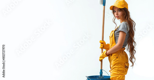 housekeeper stands confidently, holding a mop and bucket, ready to tackle any mess, isolated on white background with copy space for banner