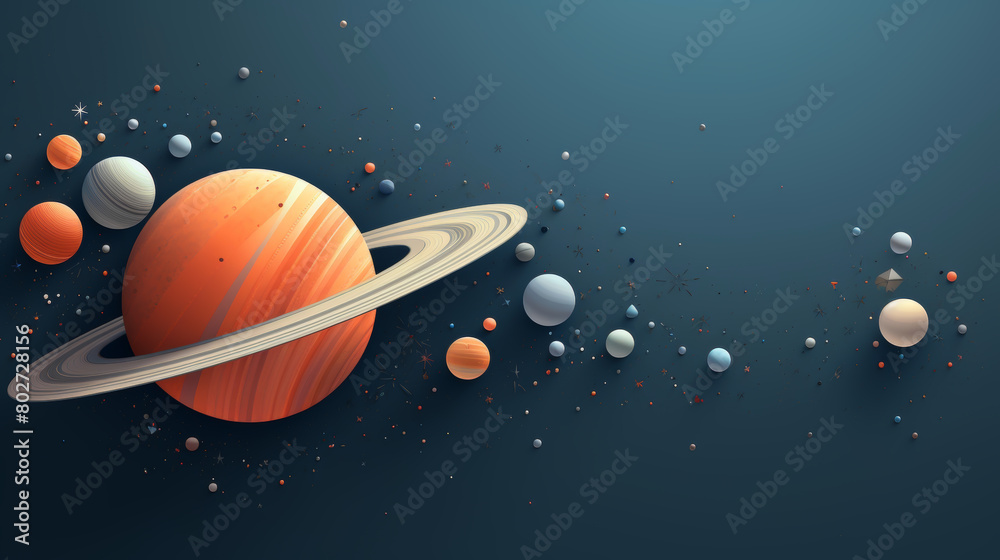 Fototapeta premium Creative depiction of Saturn and various moons against a dark space background in a minimalist style 
