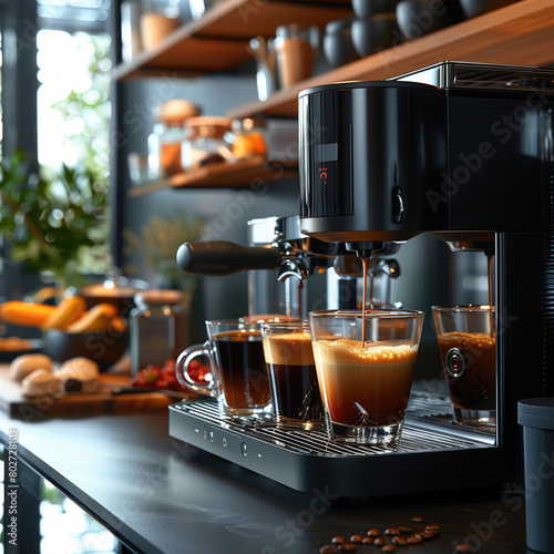 nespresso machine making dripping water in coffee, photography in light kitchen, daylight