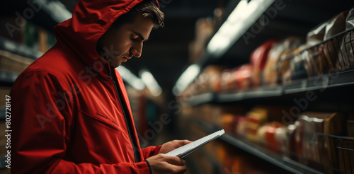 Man in a red jacket checking a list while shopping in a supermarket aisle