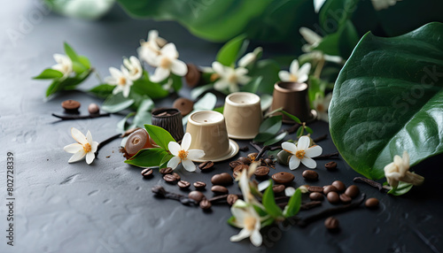 Coffee capsule with vanilla leaves and flowers. Coffee beans. Horizontal background with pods for design, banner.  photo