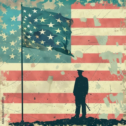 Solder standing in front of USA flag War Concept. Concept for Memorial Day, Independence day, 4tf of July, Patriot Day, Veterans Day, graveyard, war, defense day. Generative AI