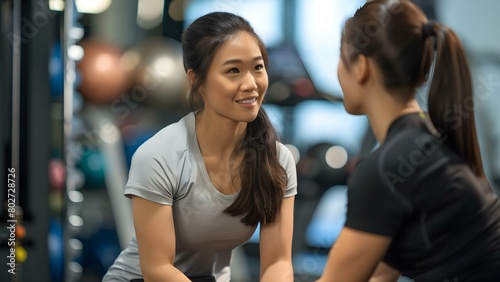 Young Asian woman exercising with personal trainer in a gym Healthy lifestyle . Concept Healthy Lifestyle, Exercise Routine, Gym Training, Asian Woman, Personal Trainer