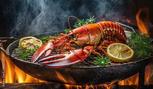 Canadian lobster grilled with grilled In a grill with flames
